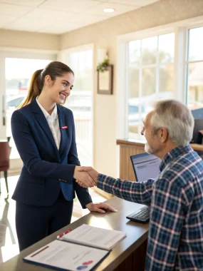 A professional businessman in a suit confidently shaking hands with a DriveIQ Finance loan officer in a modern office setting, symbolizing a successful commercial loan agreement.