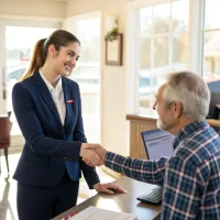 A professional businessman in a suit confidently shaking hands with a DriveIQ Finance loan officer in a modern office setting, symbolizing a successful commercial loan agreement.