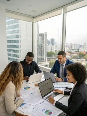 A diverse team of DriveIQ Finance financial experts collaborating on a commercial loan strategy, showcasing their expertise and dedication.