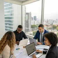 A diverse team of DriveIQ Finance financial experts collaborating on a commercial loan strategy, showcasing their expertise and dedication.